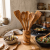 Olive Wood Kitchen Utensil Set with Holder - 6 Piece Hand Carved Wooden Cooking Spoons and Spatula Tools Set for Cooking, Serving