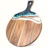 Round Acacia Wood & Resin Charcuterie Board with Handle - Natural Wood Grain Surface, Non-Porous Durable  for Meat, Bread, Cheese