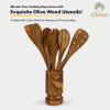 Olive Wood Kitchen Utensil Set with Holder - 6 Piece Hand Carved Wooden Cooking Spoons and Spatula Tools Set for Cooking, Serving