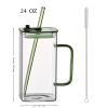 1 Pcs Green Glass Straw Cup, 4 Colors Square Glass Cup With Straw And Lid, High Borosilicate Glass Cup, Milk Cup, Juice Cup, Cold Drink Cup