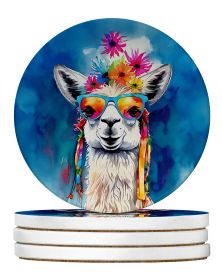 Hippie Animal Llama Large Sandstone Coasters Pack of 4 Absorbent Round Coasters Decor Gifts for Men or Women, 4 in, Multicolor