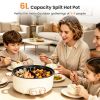 6 Liter Dual-Flavor Electric Shabu Shabu Hot Pot for 3-6 Guests, Non-Stick Coating Stainless Steel Hot Pot with Transparent Steam Vent Lid