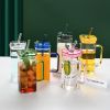1 Pcs Green Glass Straw Cup, 6 Colors Square Glass Cup With Straw And Lid, High Borosilicate Glass Cup, Milk Cup, Juice Cup, Cold Drink Cup