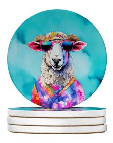 Hippie Animal Sheep Large Sandstone Coasters Pack of 4 Absorbent Round Coasters Decor Gifts for Men or Women, 4 in, Multicolor
