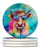Hippie Animal Malvi Cow Large Sandstone Coasters Pack of 4 Absorbent Round Coasters Decor Gifts for Men or Women, 4 in, Multicolor
