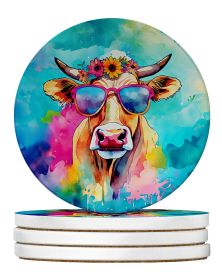 Hippie Animal Malvi Cow Large Sandstone Coasters Pack of 4 Absorbent Round Coasters Decor Gifts for Men or Women, 4 in, Multicolor
