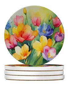 Freesias in Watercolor Large Sandstone Coasters Pack of 4 Absorbent Round Coasters Decor Gifts for Men or Women, 4 in, Multicolor