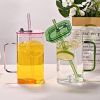 1 Pcs Green Glass Straw Cup, 4 Colors Square Glass Cup With Straw And Lid, High Borosilicate Glass Cup, Milk Cup, Juice Cup, Cold Drink Cup