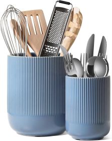 Utensil Holder for Kitchen Counter, 7.3"+5.4" Fluted Ceramic Utensil Crock Organizer for Countertop, Heavy Large Holder for Spatulas, Spoons, Set of 2