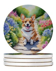 Corgi Spring Path Large Sandstone Coasters Pack of 4 Absorbent Round Coasters Decor Gifts for Men or Women, 4 in, Multicolor